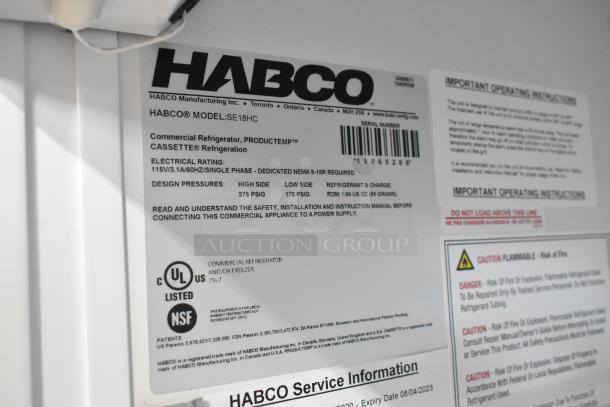 2019 Habco SE18 commercial cooler, single door, metal, poly coated racks, 115V, 1-phase, UL/NSF listed labels visible.