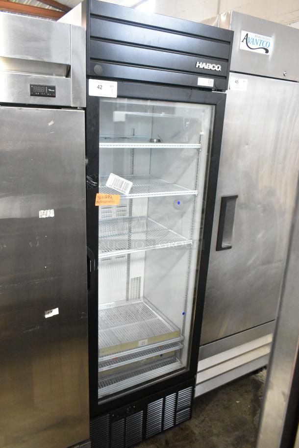 2019 Habco SE18 metal single door reach-in cooler with glass front, poly-coated racks, tags visible, excellent condition.