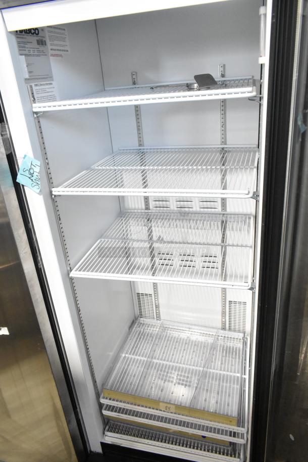 2019 Habco SE18 commercial reach-in cooler with single glass door, poly-coated racks, 115V, 1 phase, interior view.