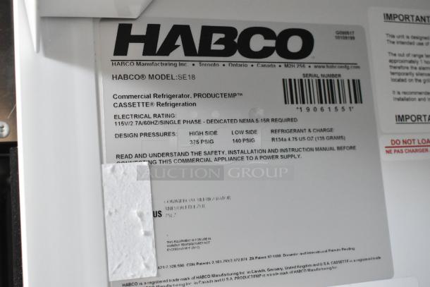 2019 Habco SE18 Single Door Cooler Merchandiser label, 115V, 1 Phase, metal construction, featuring poly-coated racks.