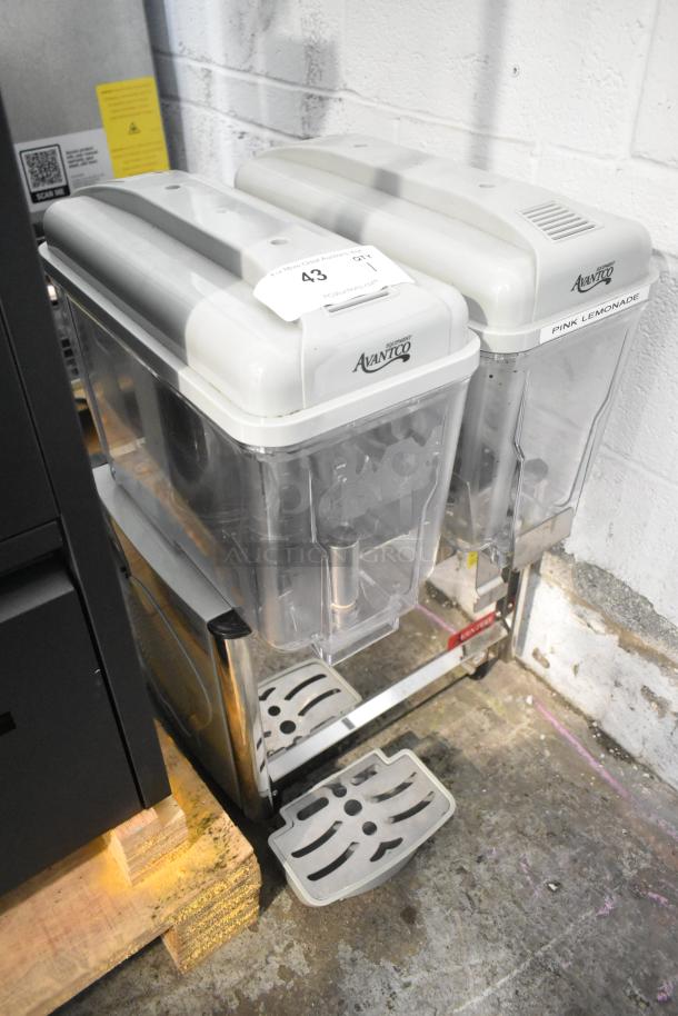 Avantco 177RDM32 beverage machine, 2 hoppers, metal countertop, missing drip tray, 120V, 1 phase, "Pink Lemonade" label.