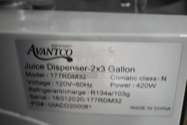 Avantco 177RDM32 metal beverage machine, 2 hopper, missing drip tray, 120V, 1-phase, label details model and specs.