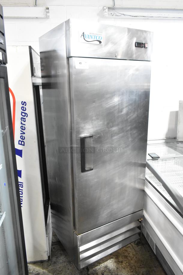 Avantco 178A19RHC stainless steel single door reach-in cooler on commercial casters, 115V, 1 phase, in good condition.
