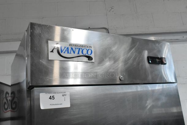 Avantco 178A19RHC stainless steel single door reach-in cooler, 115V, on commercial casters, with auction tag.