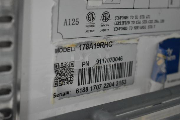 Avantco 178A19RHC model label on stainless steel commercial single door cooler. Includes serial number and certifications.