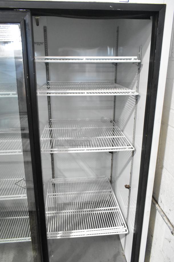 Beverage Air MT38 commercial 2-door cooler with poly-coated racks, 115V, 1 phase, glass doors, in good condition.