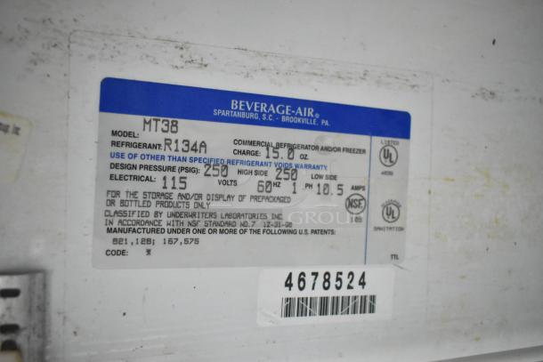 Beverage Air MT38 cooler label, indicating 115 volts, R134A refrigerant, 15 oz charge, commercial use, NSF listed.
