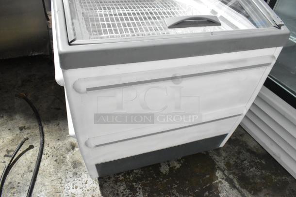 Metal commercial horizontal freezer merchandiser with a glass cover, on commercial casters. Features sturdy build and accessible handle.