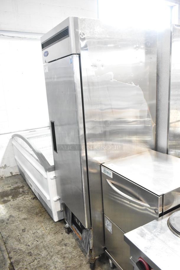 Atosa stainless steel commercial single door reach-in cooler with poly coated racks on casters, 115V, 1 phase.