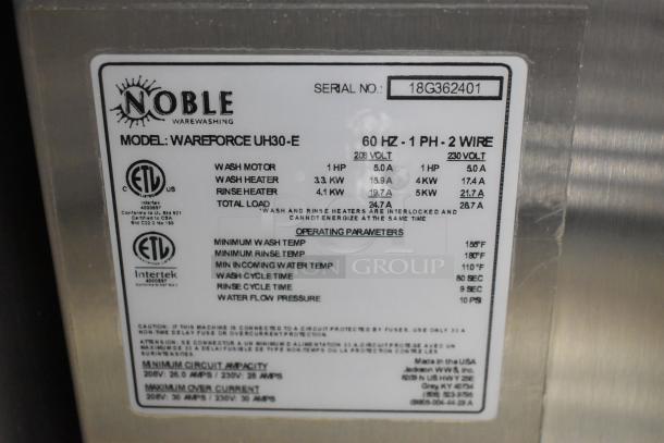 2018 Noble Wareforce UH30-E stainless steel undercounter dishwasher label showing model, voltage, and operating parameters.
