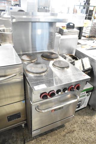 2023 Cookline ER24-208 stainless steel 4-burner hot plate range with oven, over shelf, backsplash; 208V, 1 Phase, commercial use.