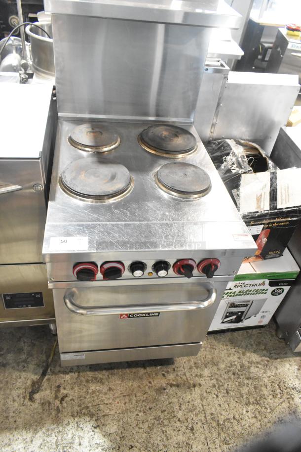 2023 Cookline ER24-208 stainless steel electric 4-burner hot plate range with oven, over shelf, and back splash, 208V.