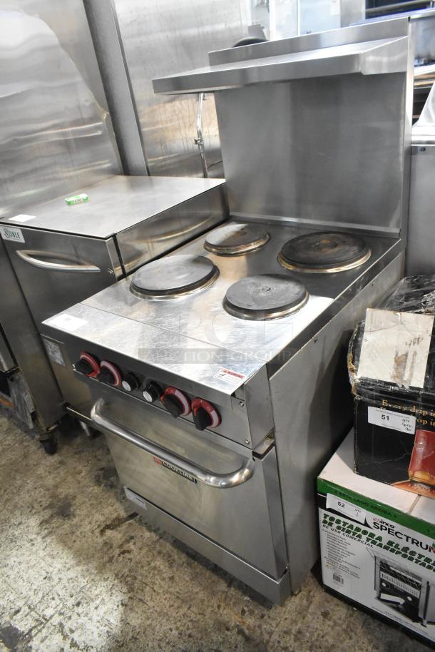 2023 Cookline ER24-208 stainless steel 4 burner hot plate range with oven, over shelf, and backsplash; 208V, 1 phase.