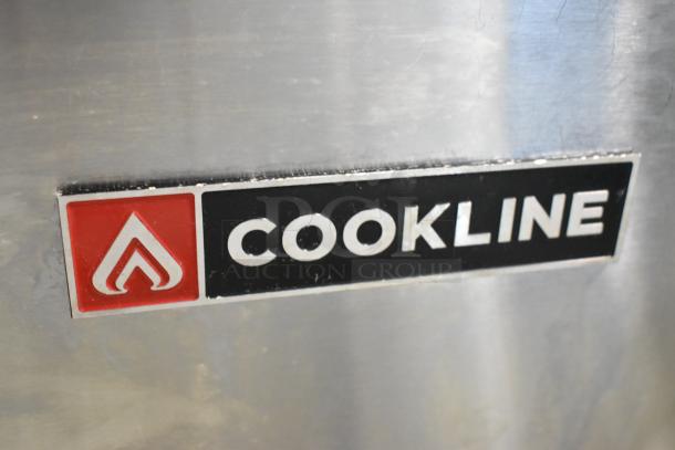 Cookline logo on stainless steel surface of 2023 ER24-208 commercial electric range with oven.