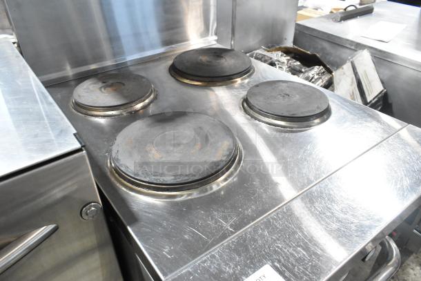 2023 Cookline ER24-208 stainless steel 4 burner hot plate with oven, over shelf, and backsplash. Electric, 208V, 1 phase.
