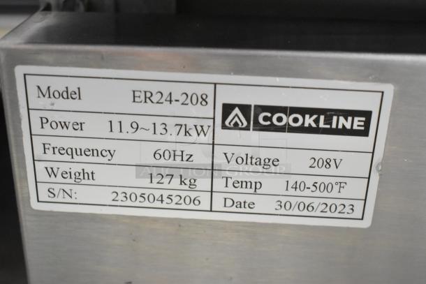 Cookline ER24-208 stainless steel 4-burner range with oven, over shelf, back splash; electric, 208V, 1 phase, 2023 model.