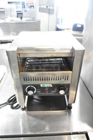 Winco Spectrum ECT-300 stainless steel conveyor toaster oven, 120V, 1 phase, new in original box. Prominent warning labels.