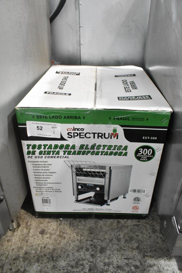 Winco Spectrum ECT-300 stainless steel conveyor toaster, in original box, 120V, commercial use, 300 slices/hour capacity.