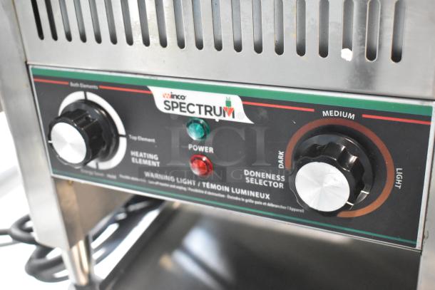 IN ORIGINAL BOX! Winco Spectrum ECT-300 stainless steel commercial conveyor toaster oven, 120V, shown with control knobs.