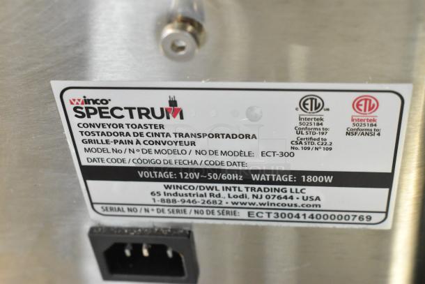Winco Spectrum ECT-300 conveyor toaster, stainless steel, 120V, 1 Phase, 1800W, in original box, model ECT-300.