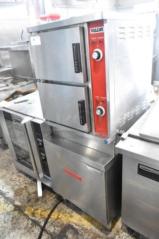 Vulcan VSX24E stainless steel 2-deck steam cabinet, commercial electric, 208V, 3 phase, dual doors, control panel visible.