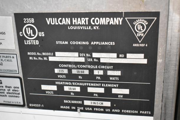 Vulcan VSX24E stainless steel steam cabinet label showing model info, 208V, 3-phase, UL listed, made in USA.