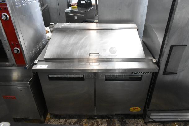 Maxx Cold MXCR48MHC stainless steel sandwich salad prep table, mega top, on commercial casters, 115V, 1 phase.