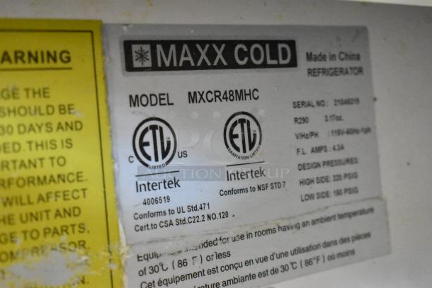 Maxx Cold MXCR48MHC label, showing model, ETL certification, voltage (115V), and design pressure info for prep table.