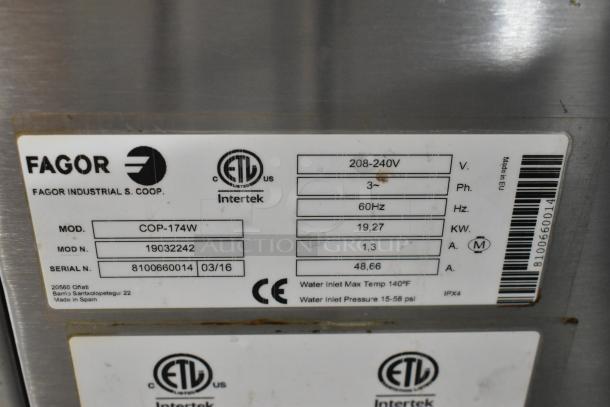 2016 Fagor COP-174W stainless steel commercial dishwasher, 208-240V, 3-phase, model label with specs and serial 8100660014.