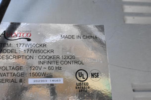 2023 Avantco 177W50CKR stainless steel countertop food warmer, 120V, 1 phase; labels show UL, NSF certifications.