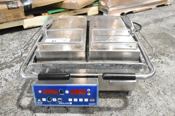 Proluxe stainless steel commercial countertop panini press, 208 volts, 1 phase, digital controls, good condition.