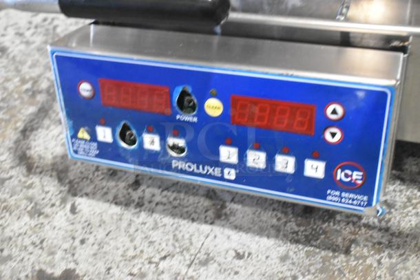 Proluxe Stainless Steel Commercial Panini Press, 208V, 1 Phase, digital control panel visible, used condition.