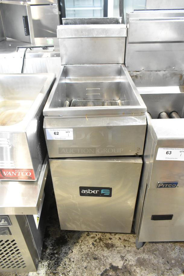 Asber stainless steel commercial deep fat fryer, floor style, used condition, visible manufacturer's label.