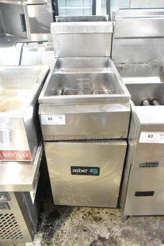 Asber stainless steel commercial deep fat fryer, floor style, used condition, visible manufacturer's label.