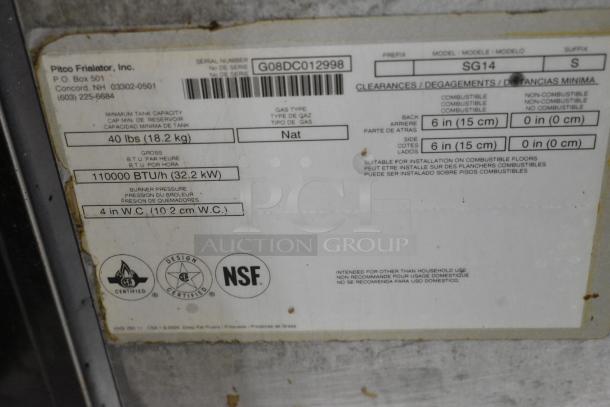 Pitco Frialator SG14 stainless steel commercial deep fat fryer label, 110,000 BTU, NSF certified, natural gas, 40 lbs capacity.