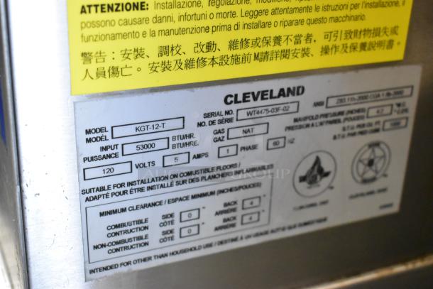 Cleveland KGT-12-T Stainless Steel 12 Gallon Steam Kettle, 53,000 BTU, natural gas, industrial-grade label shown.
