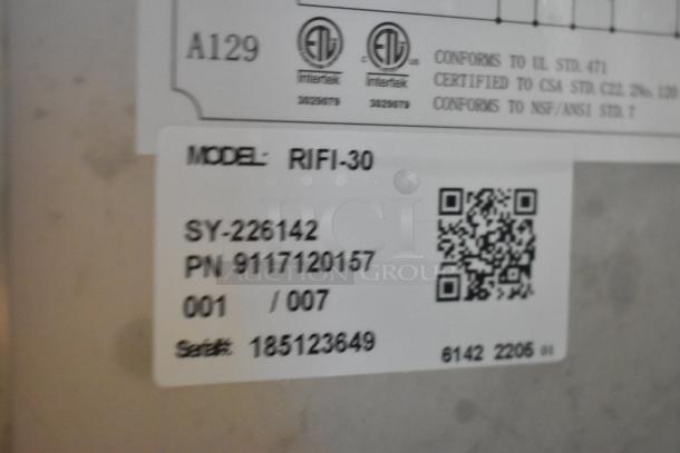 Label on Universal Coolers RIFI-30 stainless steel single door freezer. Features: 115V, 1 Phase, model and serial numbers.