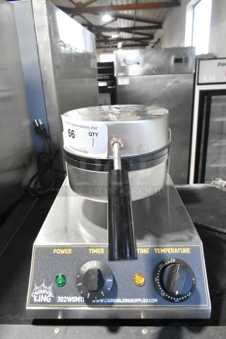 Carnival King 382WSM11 stainless steel commercial waffle maker. Features power, timer, and temperature controls. 120 volts, 1 phase.