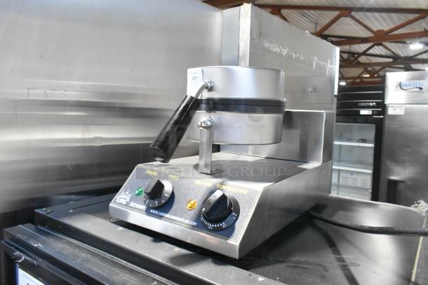 2024 Carnival King 382WSM11 stainless steel commercial waffle maker. Features power and temperature dials. 120V, 1 phase.