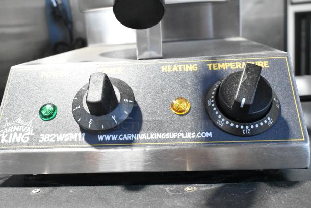 Carnival King 382WSM11 stainless steel waffle maker, commercial countertop model. Features power and temperature dials, 120 volts.