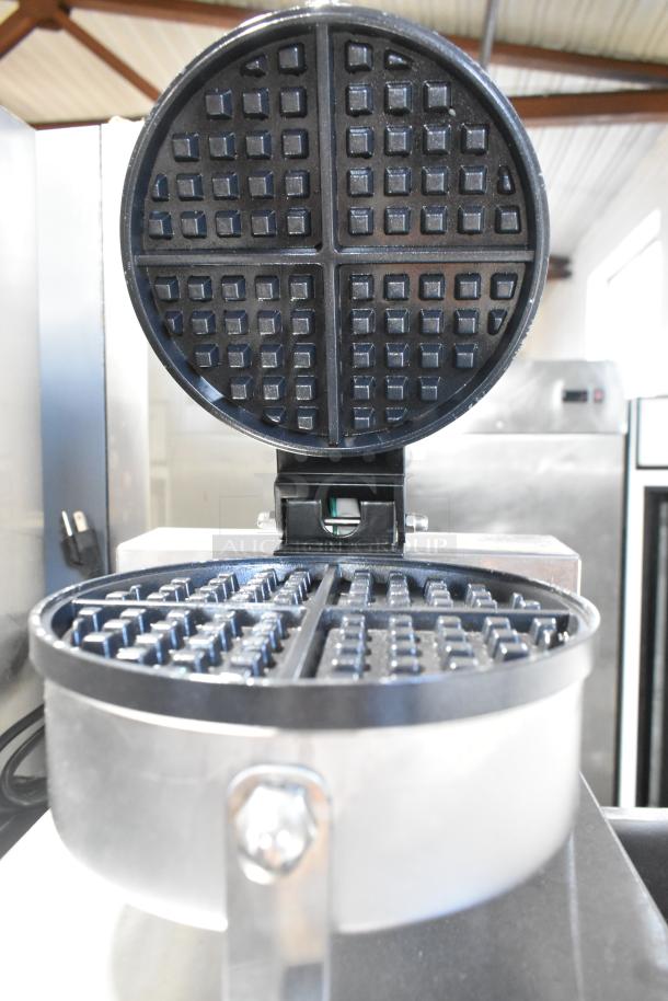 Carnival King 382WSM11 stainless steel commercial waffle maker, open view, clean condition, 120 volts, 1 phase, 2024 model.