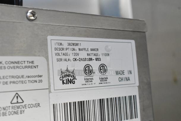 2024 Carnival King 382WSM11 Stainless Steel Waffle Maker, 120V, 1100W, ETL certified, serial CK-241010R-653. Made in China.