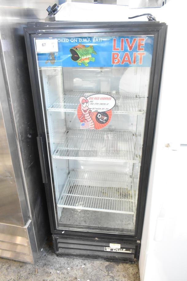 True GDM-12 metal commercial cooler with single glass door, poly-coated racks, "Live Bait" signage, 115V, 1 Phase.