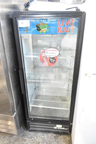 True GDM-12 metal commercial cooler with single glass door, poly-coated racks, "Live Bait" signage, 115V, 1 Phase.