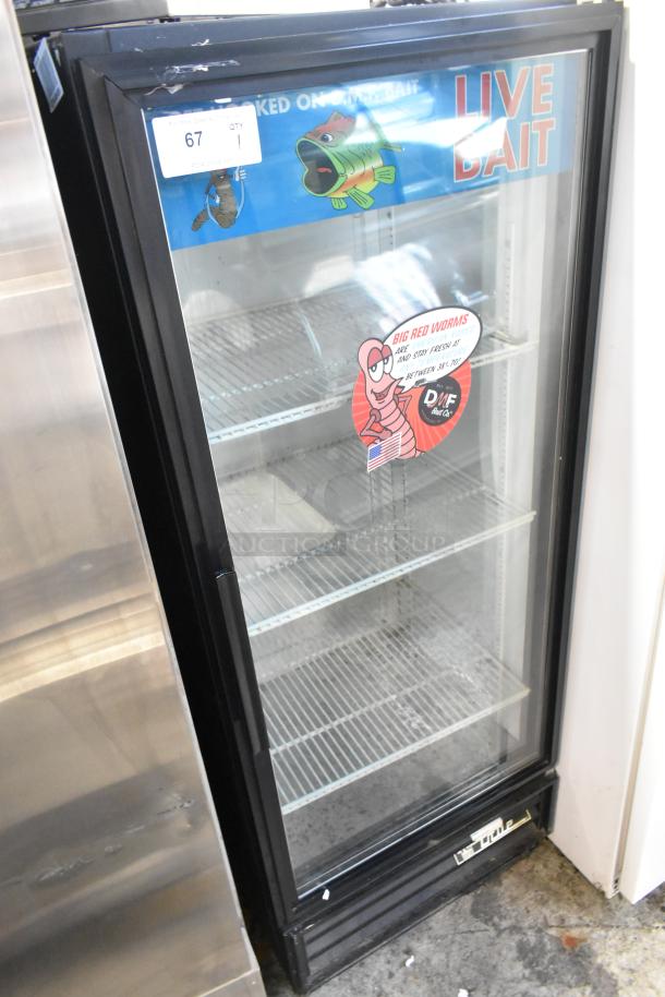 True GDM-12 single door merchandiser cooler with poly-coated racks, 115 volts, 1 phase, used condition, "Live Bait" decal.