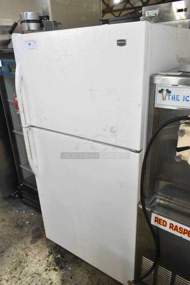 Maytag M1TXEGMYW01 cooler with freezer, white finish, visible wear, 115 volts, 1 phase, auction tag attached.