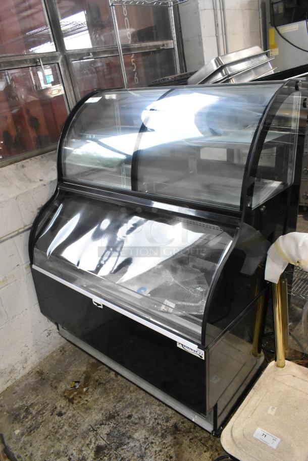 Avantco 193CAC48B black curved refrigerated air curtain merchandiser, 47 3/16", metal, on casters, dual service, commercial.