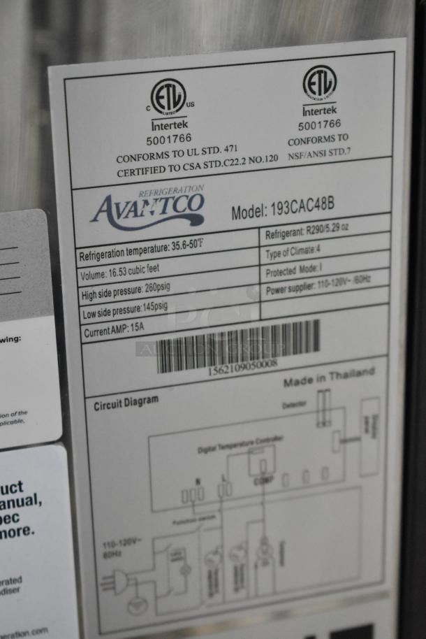 Avantco 193CAC48B commercial refrigerated air curtain merchandiser label, detailing specs such as 47" size, 16.53 cu ft volume.