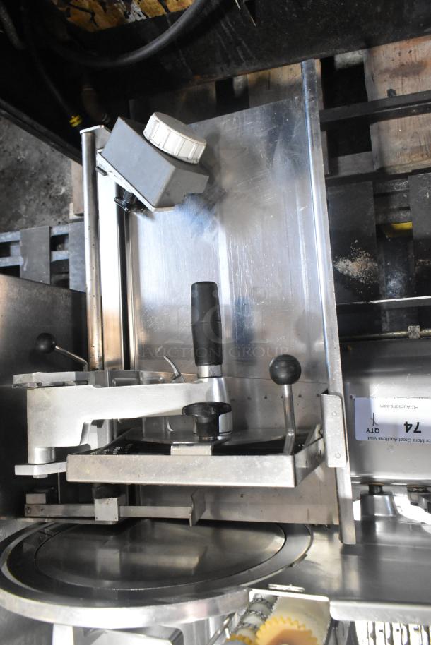 Bizerba A330 stainless steel meat slicer stacker, commercial-grade, 115 volts, 1 phase, visible control knobs and slicing blade.