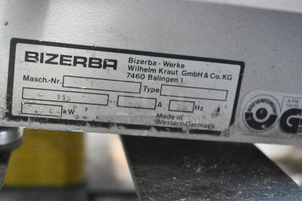 Bizerba A330 stainless steel countertop meat slicer stacker, 115V, 1 phase. Manufacturer label visible indicating Western Germany.